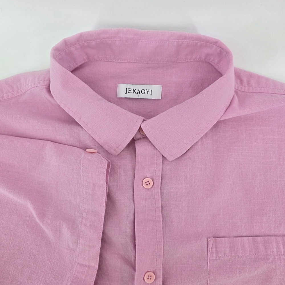 JEKAOYI Button Down Shirt Mens L Minimalist Cotton Linen Shrt Sleeve Pink Summer